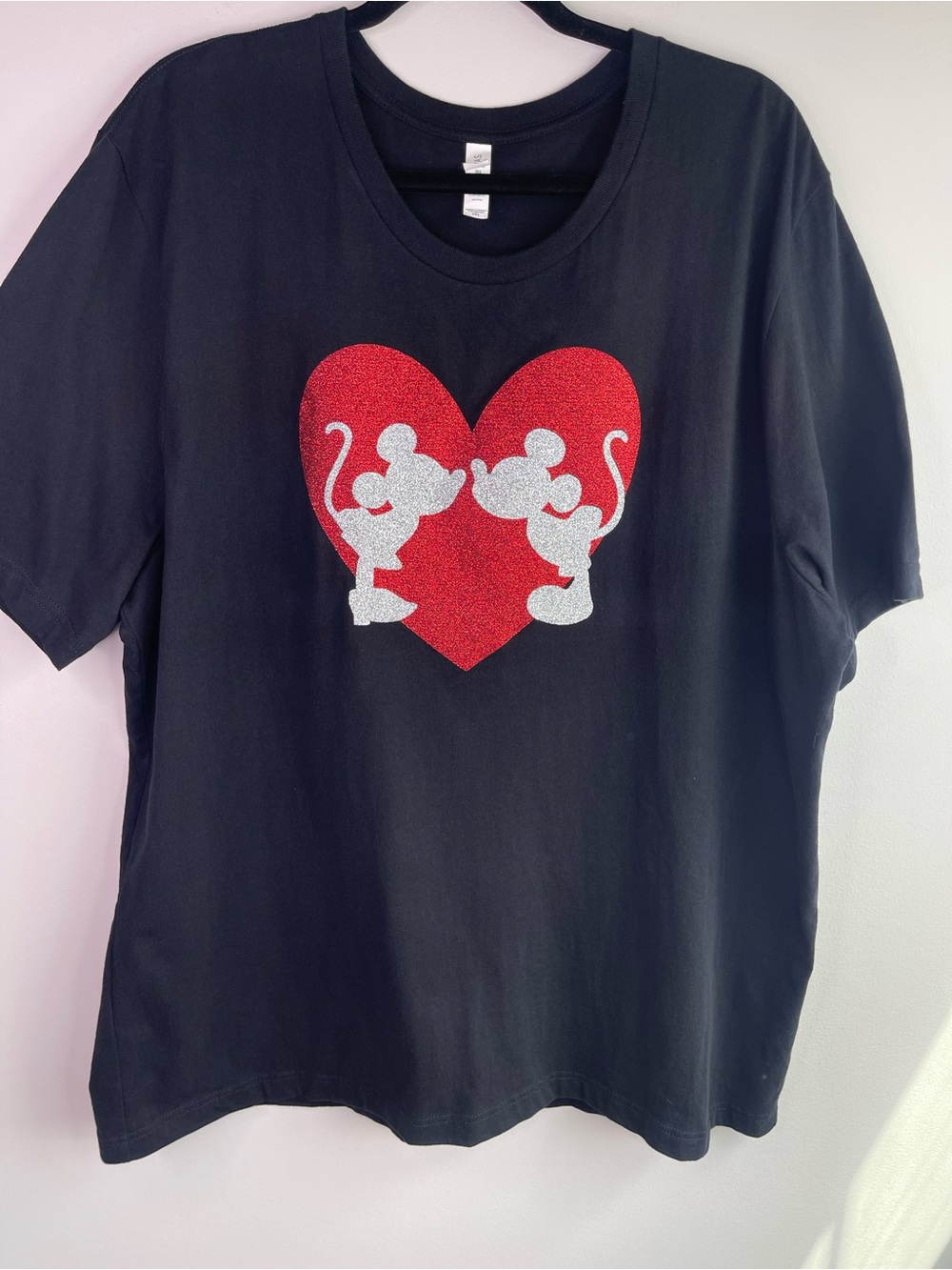 Bella Canvas Black Tee with Glitter Red Heart and Silver Minnie & Mickey T shirt